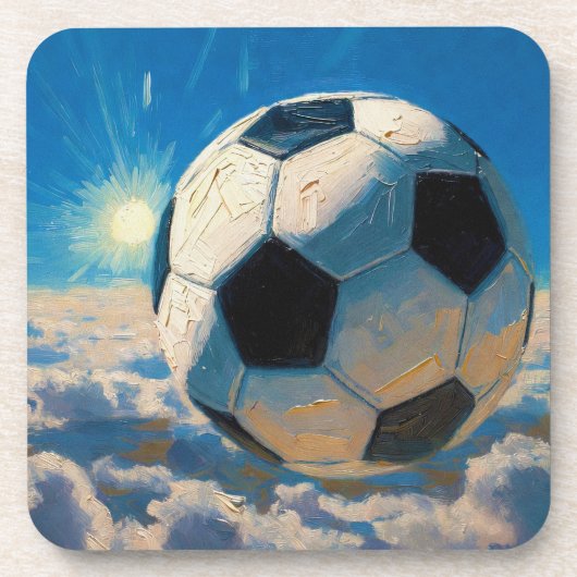 飛翔するサッカーボールのアート作品（油絵 No. 5） コースター (正面)