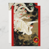 飛翔する愛の鳳凰、羽毛、ハートのウェディング招待 シーズンカード (正面/裏面)