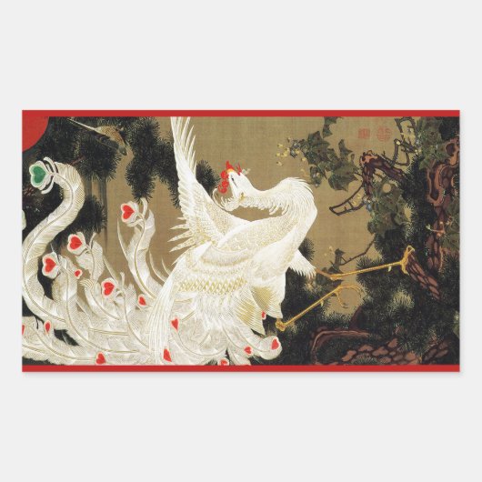 飛翔する愛の鳳凰、羽毛、ハートのバレンタインデー 長方形シール (正面)