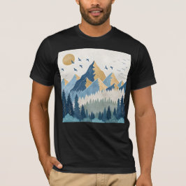 飛翔する鳥たちと山々の絵画 Tシャツ