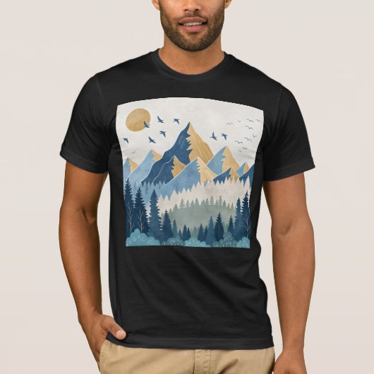 飛翔する鳥たちと山々の絵画 Tシャツ (正面)