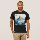 飛翔する鳥たちと山々の絵画 Tシャツ (正面フル)