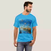 飛翔する鶴が描かれた湖の静かな自然の風景Tシャツ Tシャツ (正面フル)