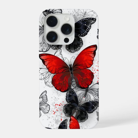 飛翔する黒と赤のモルフォ蝶 iPhoneケース (裏面)