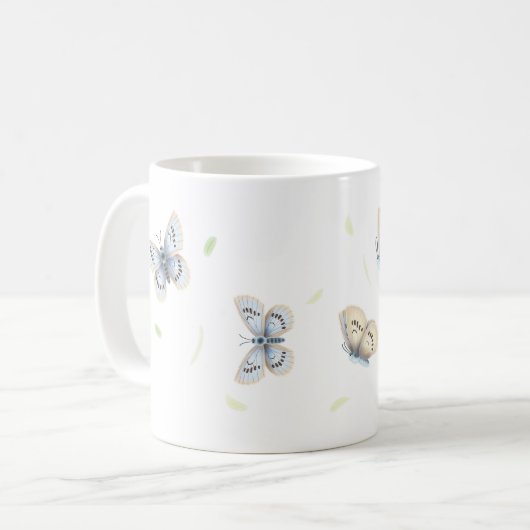 飛行かわいらし中の青とクリームの蝶 コーヒーマグカップ (正面左)