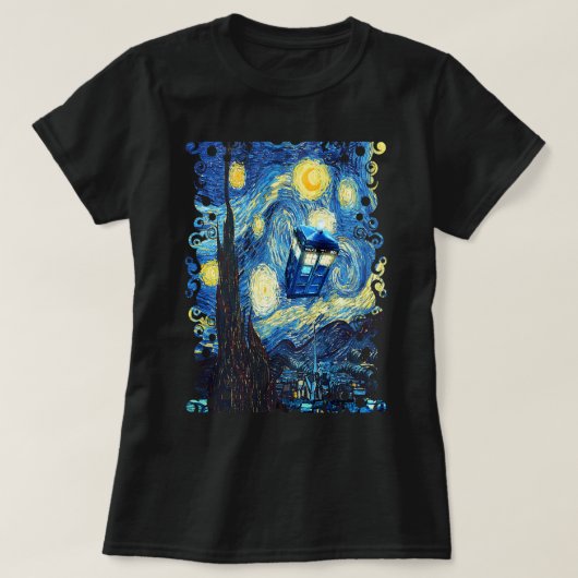 飛行する魔法の電話ボックス星の夜のゴッホの有名な絵 Tシャツ (デザイン正面)