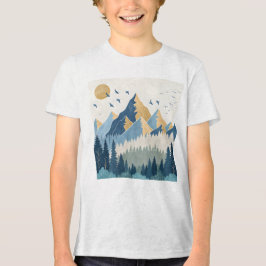 飛行する鳥たちと山々の絵画 トライブレンドTシャツ