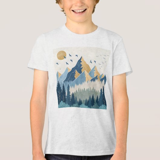 飛行する鳥たちと山々の絵画 トライブレンドTシャツ (正面)