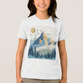 飛行する鳥たちと山々の絵画 トライブレンドTシャツ (正面)