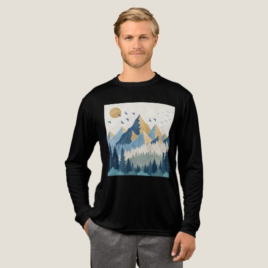 飛行する鳥たちと山々の絵画 トライブレンドTシャツ (正面全体)