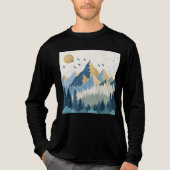 飛行する鳥たちと山々の絵画 トライブレンドTシャツ (正面)