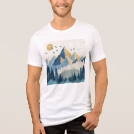 飛行する鳥たちと山々の絵画 トライブレンドTシャツ