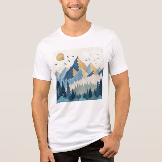 飛行する鳥たちと山々の絵画 トライブレンドTシャツ (正面)
