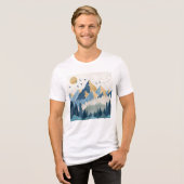 飛行する鳥たちと山々の絵画 トライブレンドTシャツ (正面全面)