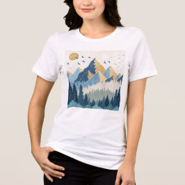 飛行する鳥たちと山々の絵画 トライブレンドTシャツ