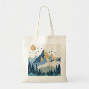飛行する鳥たちと山々の絵画 トートバッグ
