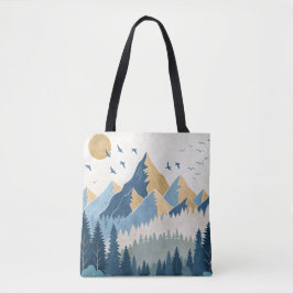飛行する鳥たちと山々の絵画 トートバッグ