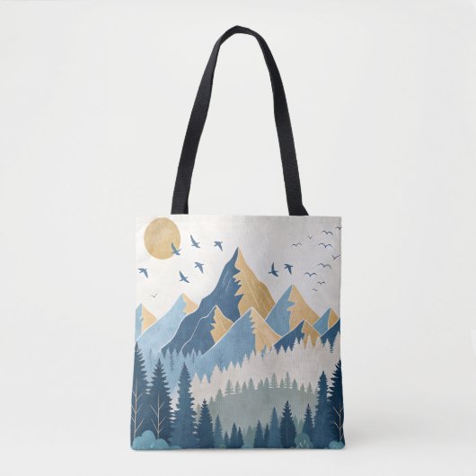 飛行する鳥たちと山々の絵画 トートバッグ (正面)