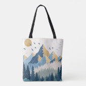 飛行する鳥たちと山々の絵画 トートバッグ (裏面)