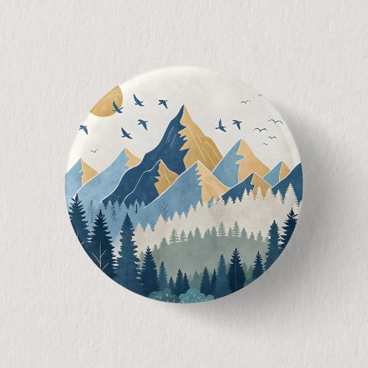飛行する鳥たちと山々の絵画 缶バッジ (正面)