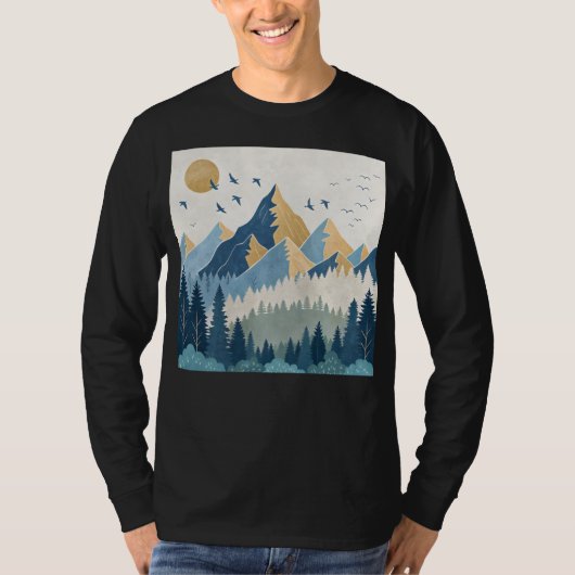 飛行する鳥たちと山々の絵画 Tシャツ (正面)