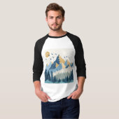 飛行する鳥たちと山々の絵画 Tシャツ (正面フル)