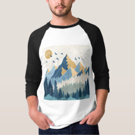 飛行する鳥たちと山々の絵画 Tシャツ
