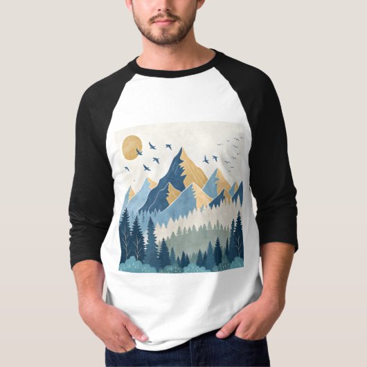 飛行する鳥たちと山々の絵画 Tシャツ (正面)