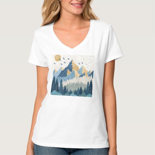 飛行する鳥たちと山々の絵画 Tシャツ (正面)