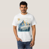 飛行する鳥たちと山々の絵画 Tシャツ (正面フル)