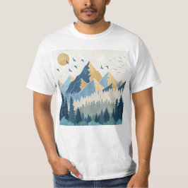 飛行する鳥たちと山々の絵画 Tシャツ