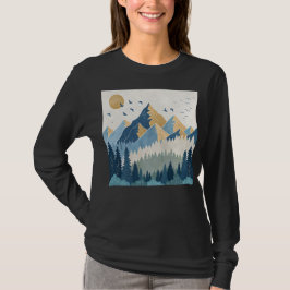 飛行する鳥たちと山々の絵画 Tシャツ