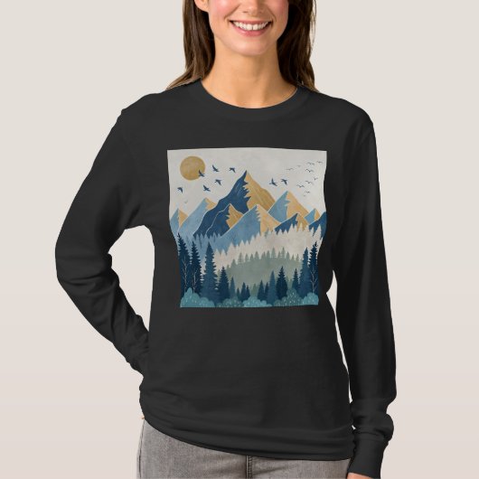 飛行する鳥たちと山々の絵画 Tシャツ (正面)