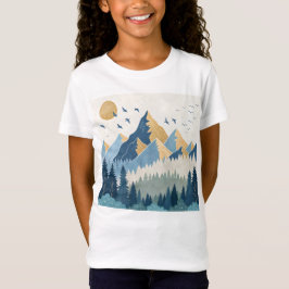 飛行する鳥たちと山々の絵画 Tシャツ