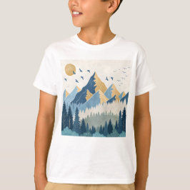 飛行する鳥たちと山々の絵画 Tシャツ