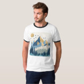 飛行する鳥たちと山々の絵画 Tシャツ (正面フル)