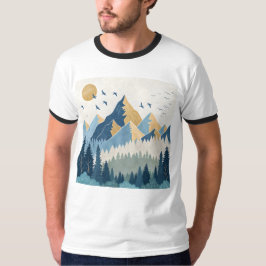 飛行する鳥たちと山々の絵画 Tシャツ