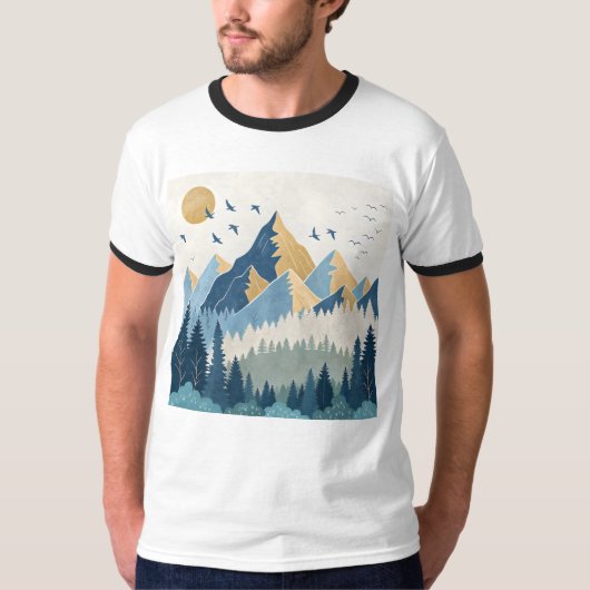 飛行する鳥たちと山々の絵画 Tシャツ (正面)