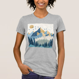 飛行する鳥たちと山々の絵画 Tシャツ