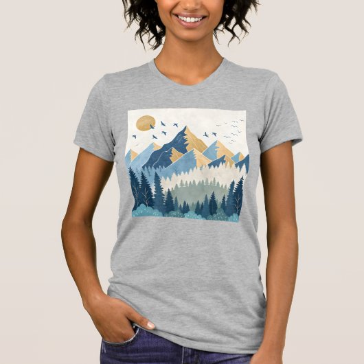 飛行する鳥たちと山々の絵画 Tシャツ (正面)