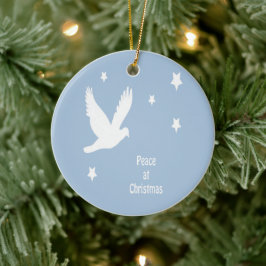 飛行する鳩とクリスマスの平和 白ロゴ セラミックオーナメント