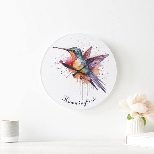飛行カラフル水彩ハチドリカスタムー ラージ壁時計 (ホーム)