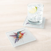飛行カラフル、水色ハチドリ ガラスコースター (アングル)