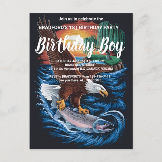 飛行中の陛下：ワシが魚の上を舞い上がる ポストカード (正面)