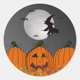 飛行中の魔女ハロウィーンのステッカー ラウンドシール