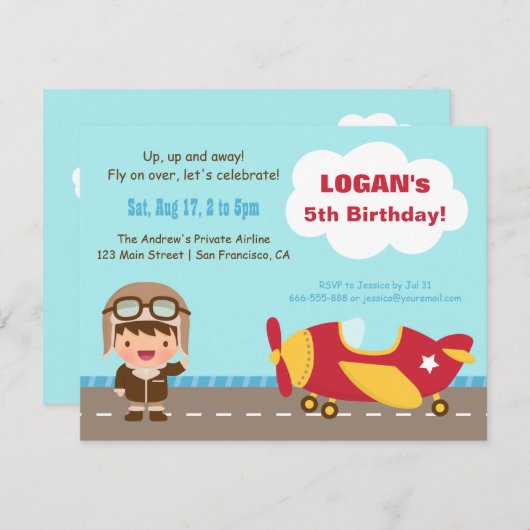 飛行士の男の子の飛行機のバースデーパーティ招待状 招待状 (正面/裏面)