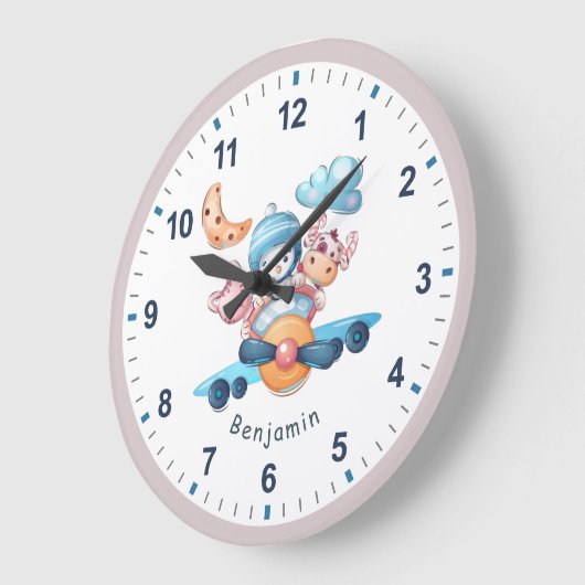 飛行家のおもちゃ飛行機かわいい動物の子どもの部屋が青に ラージ壁時計 (傾斜)
