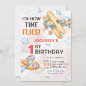 飛行機ああ時間の飛行は1歳の誕生日 招待状 (正面)