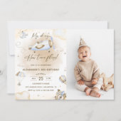 飛行機ああ私のタイムフライ旅行誕生日写真 招待状 (正面)