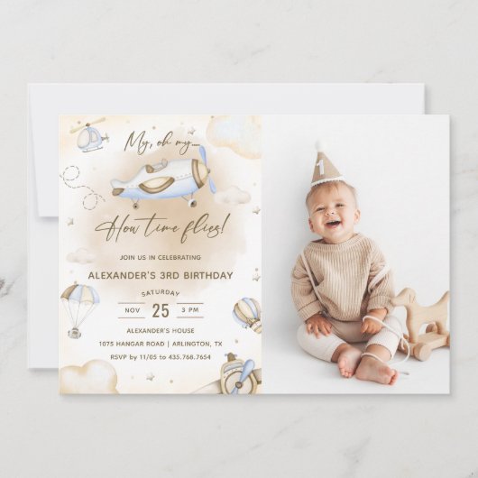 飛行機ああ私のタイムフライ旅行誕生日写真 招待状 (正面)